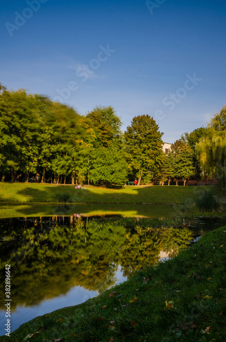 City park in the warm and sunny day during the autumn season. Landscape fulfilled of sunlight