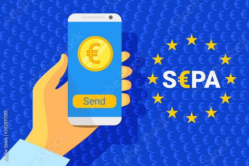 SEPA - Single Euro Payments Area. Flag of Europe Union- EU