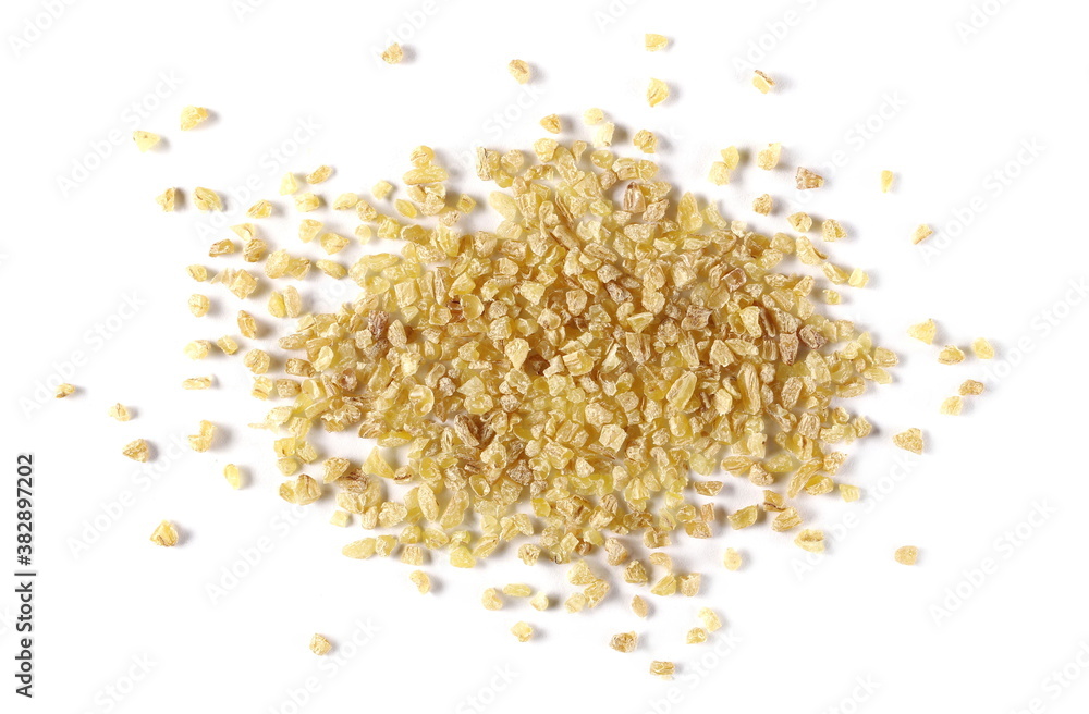 Dry bulgur pile isolated on white background, top view and clipping path Dry bulgur pile isolated on white background, top view and clipping path
