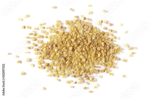 Dry bulgur pile isolated on white background, top view and clipping path
