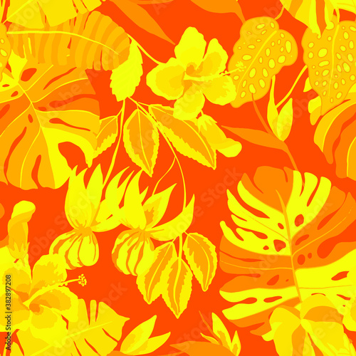 Creative seamless pattern with tropical leaves and flowers. Trendy texture wi...