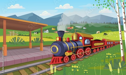 Old train with railway station in the village.Vector cartoon illustration.