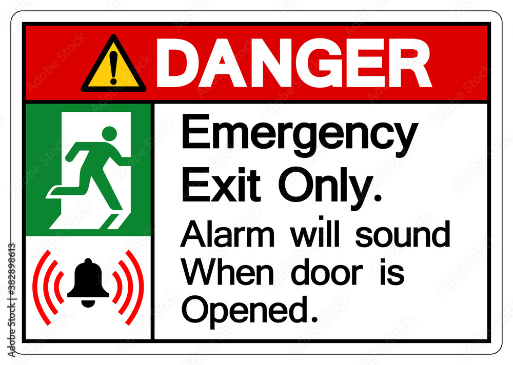 Danger Emergency Exit Only Alarm will sound when door is opened Symbol Sign, Vector Illustration, Isolate On White Background Label. EPS10 Danger Emergency Exit Only Alarm will sound when door is opened Symbol Sign, Vector Illustration, Isolate On White Background Label. EPS10