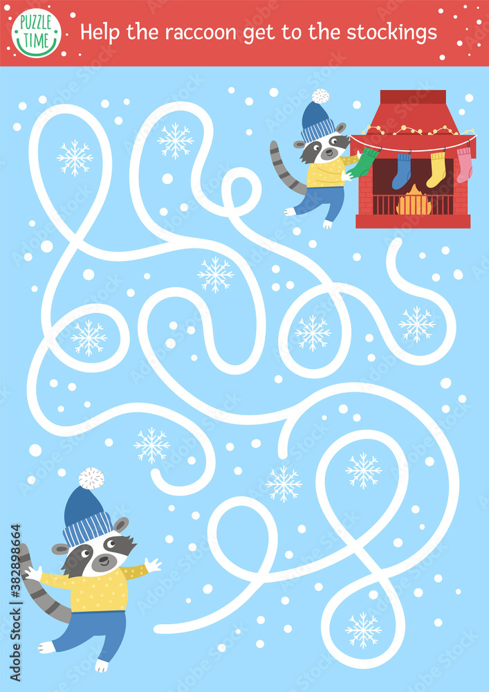 Christmas maze for children. Winter new year preschool printable educational activity. Funny holiday game or puzzle with cute animal and chimney. Help the raccoon get to the stockings .