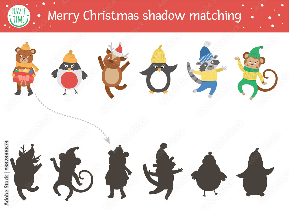 Christmas shadow matching activity for children. Winter puzzle with ...