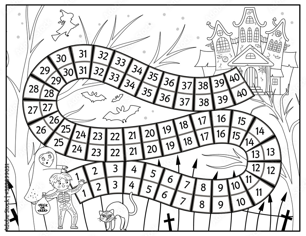 Halloween black and white board game for children with spooky castle and cute children. Educational boardgame with haunted house. Scary printable coloring page. .