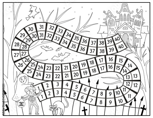 Halloween black and white board game for children with spooky castle and cute children. Educational boardgame with haunted house. Scary printable coloring page. .