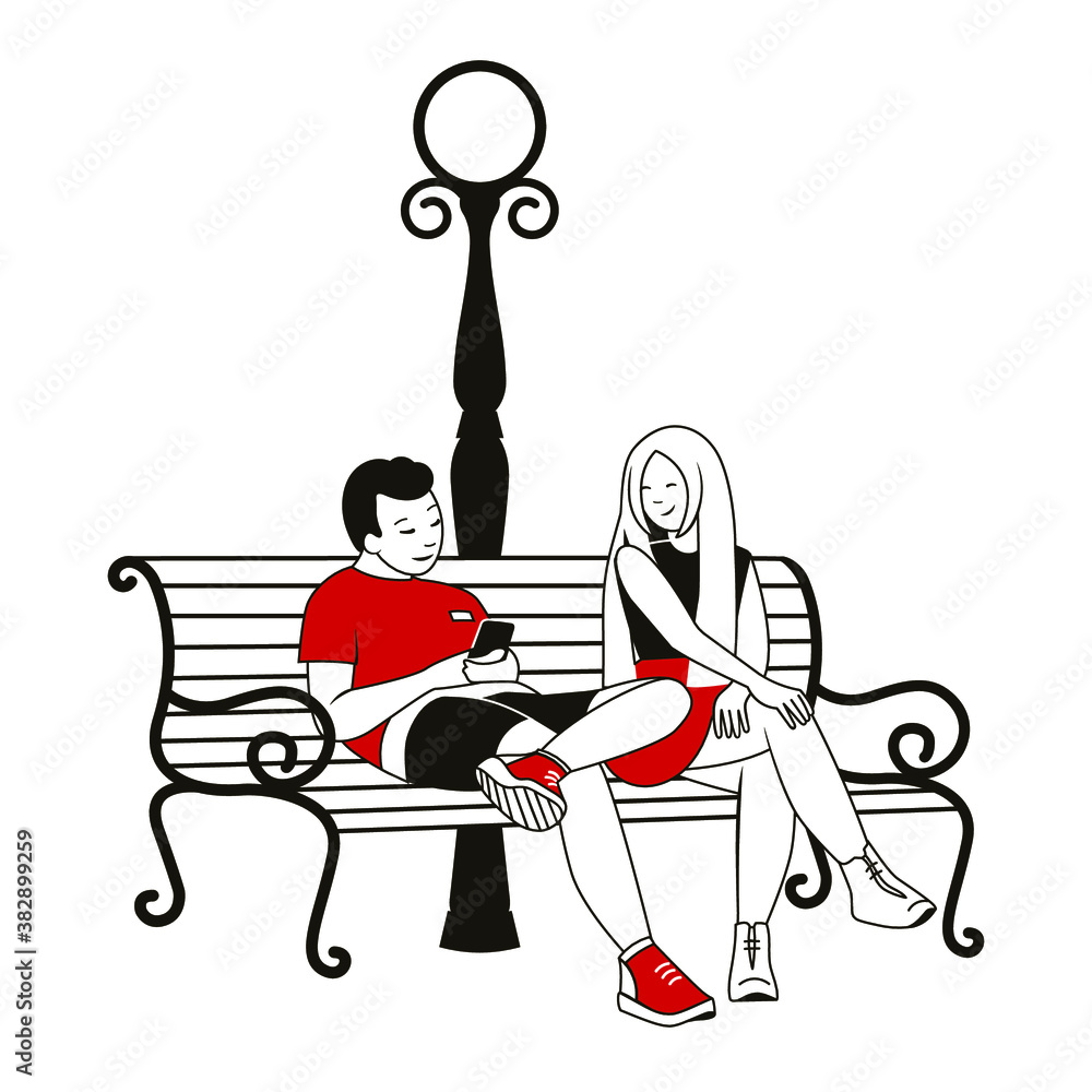 young people, guy and girl sitting on a bench under the lantern, date, rendezvous, meeting, vector illustration