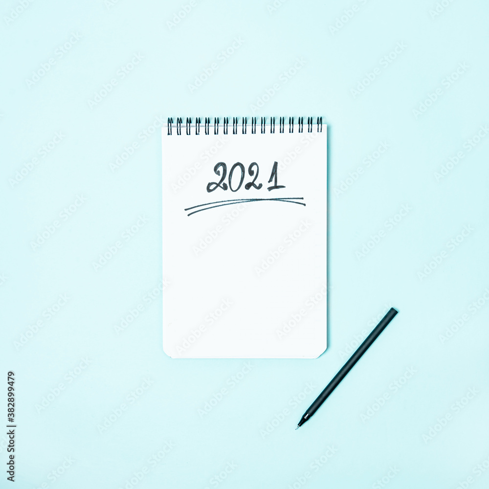 Top view of empty notebook ready for New 2021 Year planning or wish list