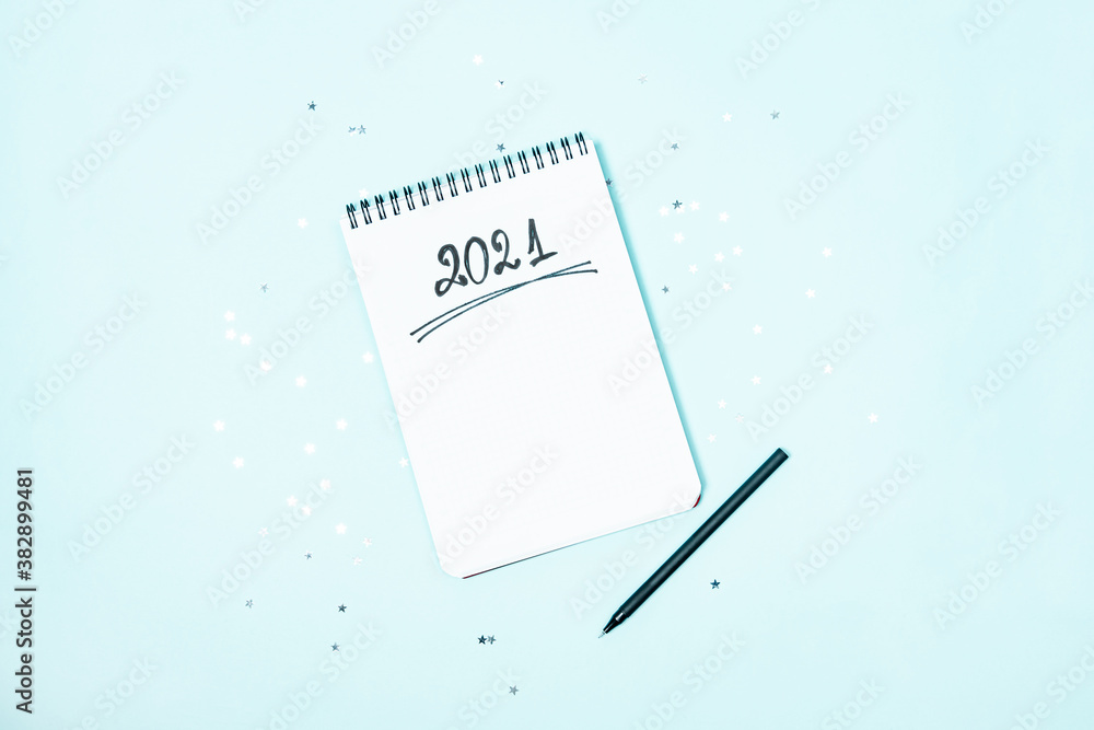 Top view of empty notebook ready for New 2021 Year planning or wish list