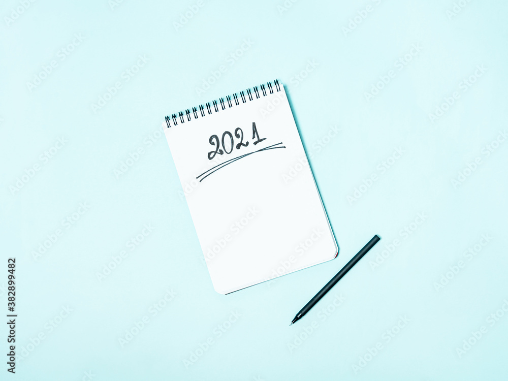 Top view of empty notebook ready for New 2021 Year planning or wish list