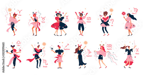 Zodiac signs girl set illustration. Young stylish girls on holiday  new year party. Illustration in flat cartoon style. Isolated on white background.