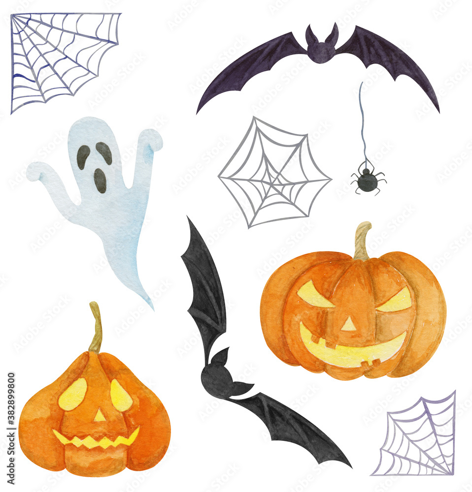 Naklejka premium Halloween set with watercolor hand painted pumpkin, bat, ghost, spider, web. For halloween greeting cards, invitations, covering, decoration, napkins, textile, linen, clothes, costumes, wrapping