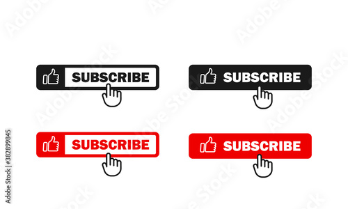 Subscribe buttton set. Used for channel. With hand cursor. Social media concept. Vector EPS 10. Isolated on white background