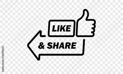 Like and share button in black. For channel. Social media useers. Vector EPS 10. Isolated on transparent background
