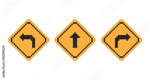 Pixel art 8-bit turn left, turn right, go straight road sign set on white background - isolated editable vector illustration