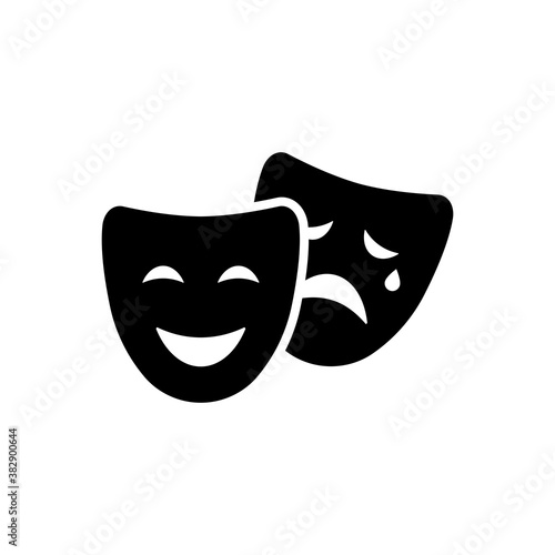 Comedy and tragedy masks icon in black. Happy and unhappy traditional symbol of theater. Vector EPS 10. Isolated on white background