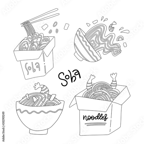 Set of Soba noodle in bowl and boxes. Flat line style vector illustration isolated on white background. Linear doodle collection.