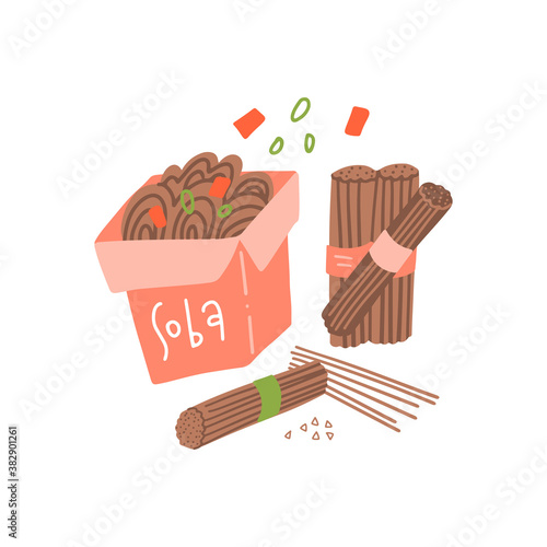 Soba set. Raw and boiled buckwheat soba noodles in box isolated on white background. Vector illustration of japanese food buckwheat grains in cartoon simple flat style.