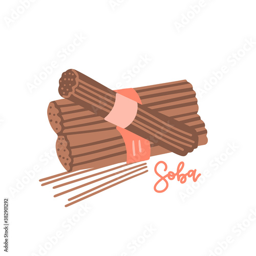 Raw buckwheat soba noodles isolated on white background. Vector illustration of japanese food in cartoon simple flat style with hand drawn lettering Soba. Three bunches.