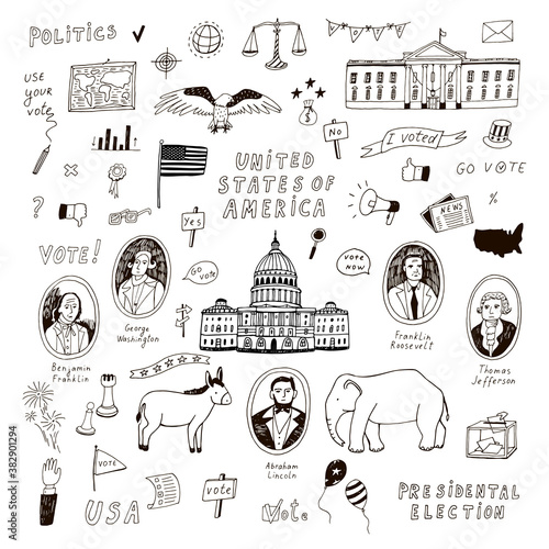 Voting american presidental election, united staters of america hand drawn doodle line illustrations vector set.
