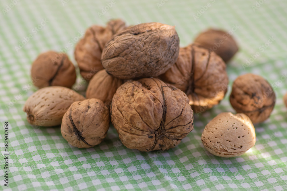 Walnuts on table-cloth in hard nutshells, group of dry ripened fruits, crop food ingredients ready for cooking Walnuts on table-cloth in hard nutshells, group of dry ripened fruits, crop food ingredients ready for cooking