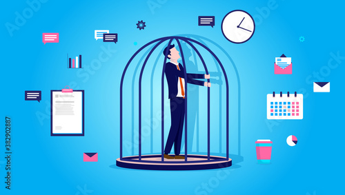 Caged businessman - Man being stuck inside bird cage feeling trapped by work tasks. Job prison, captured worker and business trap concept. Vector illustration.