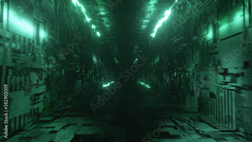 Endless flight in a futuristic metal corridor with neon lighting. Technology and future concept. Modern green light spectrum 3d illustration