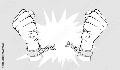 Break free from the chains black and white vector illustration. Hands breaking chain with extreme power. Freedom and liberty concept.