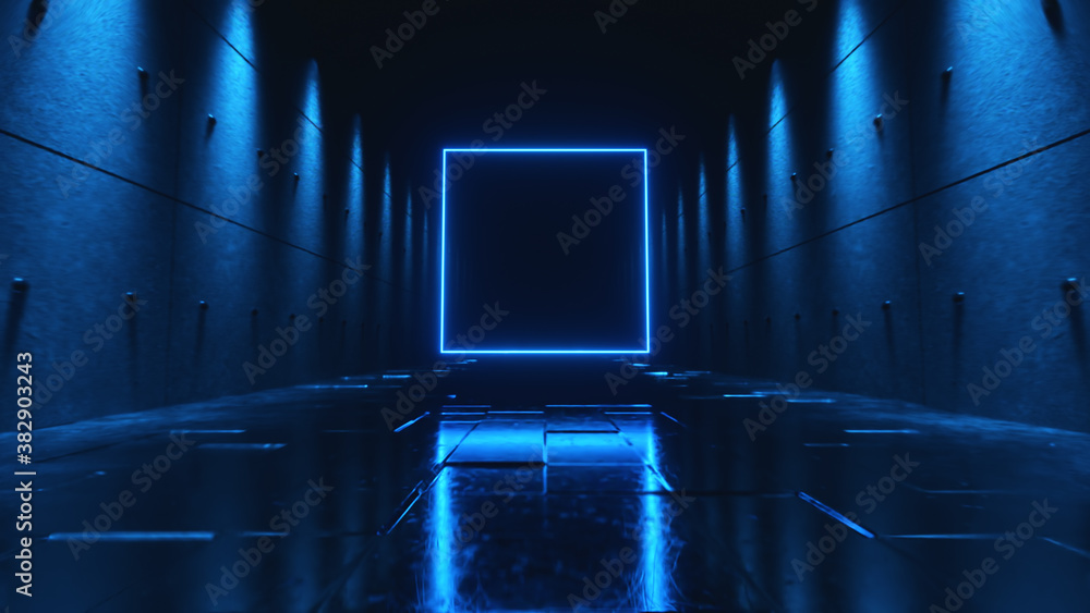 Obraz premium Endless flight in a futuristic dark corridor with neon lighting. A bright neon square in front. 3d illustration