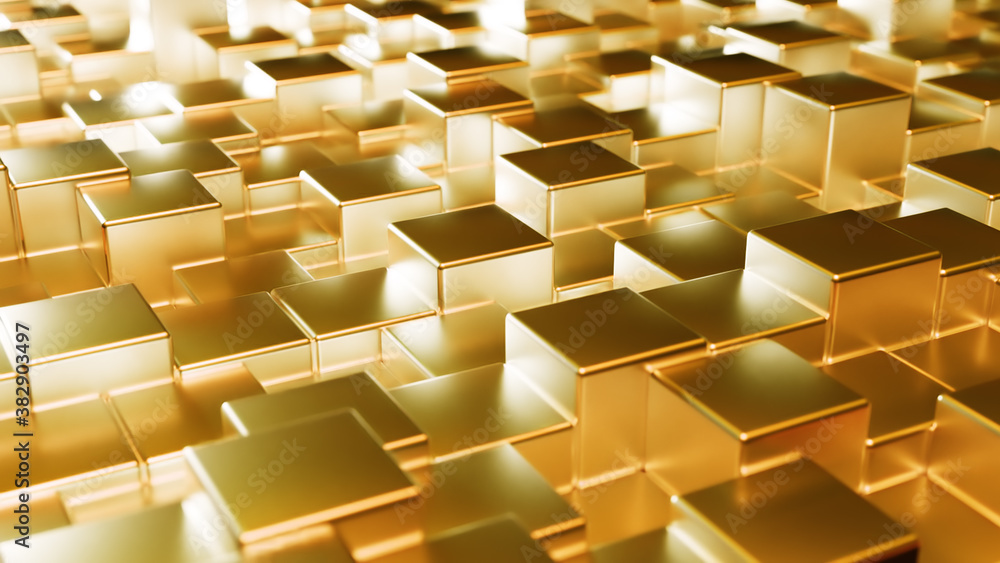 Abstract gold metallic background from cubes. Wall of a metal cube. 3d illustration