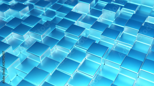 Abstract blue metallic background from cubes. Wall of a metal cube. 3d illustration