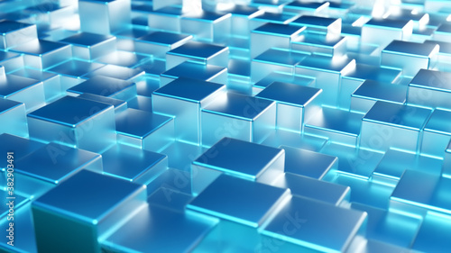 Abstract blue metallic background from cubes. Wall of a metal cube. 3d illustration