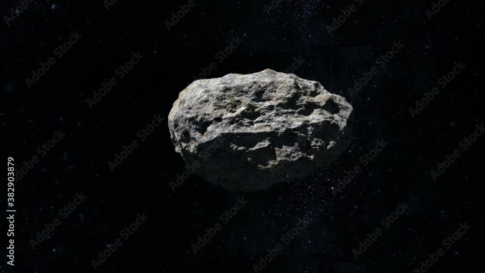 The asteroid flies and spins in space. The camera rotates in the orbit of the asteroid. Starry sky. 4K. Stars twinkle. 3d rendering. The asteroid flies and spins in space. The camera rotates in the orbit of the asteroid. Starry sky. 4K. Stars twinkle. 3d rendering.