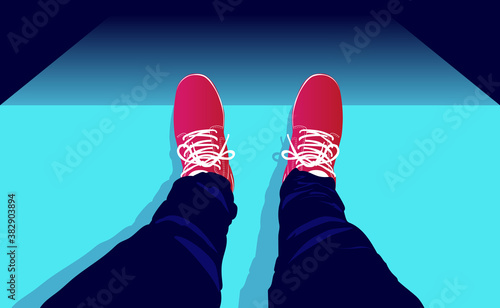 Standing on edge of a cliff - Legs and feet on a peak looking down. Danger, adrenaline rush and risk taking concept. Vector illustration.