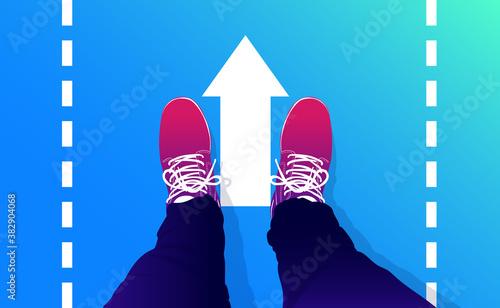 Walk on - Feet with shoes standing still on arrow pointing the way forward. Continue walking and guided direction concept. Vector illustration.