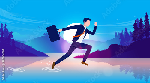 Amazing miracle businessman - Super effective business employee running very fast on water to become successful. Best worker, competitive and determined employee concept. Vector illustration.
