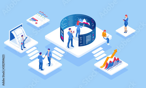 Isometric concept of business analysis, analytics, research, strategy statistic, planning, marketing, study of performance indicators. Business to Business Marketing, B2B Solution, business marketing