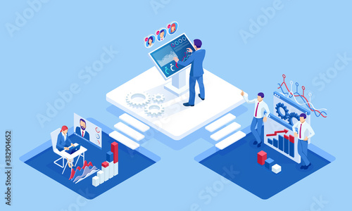 Isometric concept of business analysis, analytics, research, strategy statistic, planning, marketing, study of performance indicators. Investment in securities, smart investment, strategic management