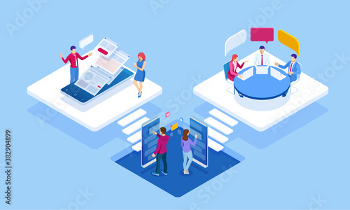 Isometric concept of business analysis, analytics, research, strategy statistic, planning, marketing, study of performance indicators. Investment in securities, smart investment, strategic management