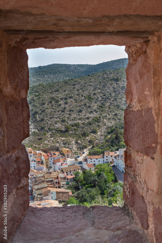 Window of a castle in a beautiful inland town, in Spain called Vilafames