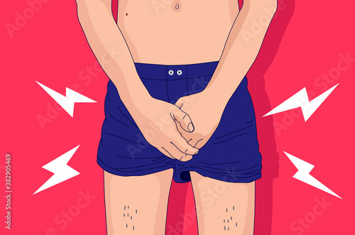 Genital pain - Man holding hand in front of private parts feeling discomfort from disease and inflammation. Venereal diseases, testicular problems and cancer concept. Vector illustration.