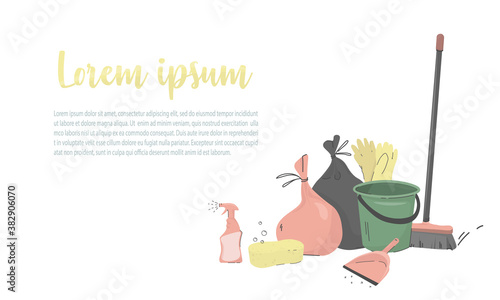 House cleaning banner - colorful household items. Bucket, mop, scoop, garbage bags. For advertising house cleaning service - flat vector illustration with copy space.