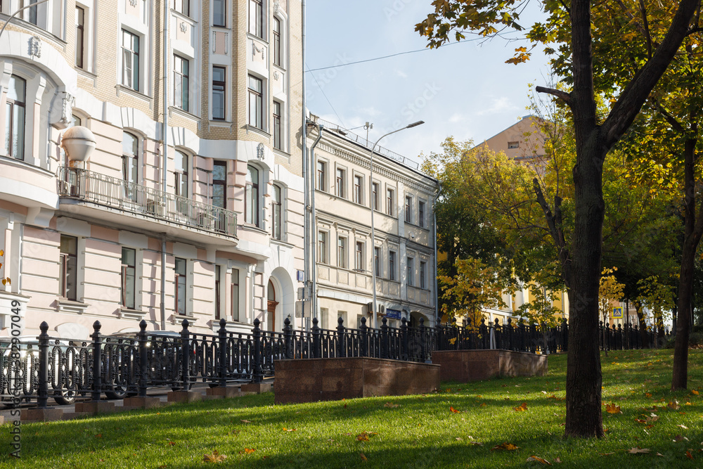 Rozhdestvensky Boulevard in Moscow, Russia. Autumn. Trees. Houses