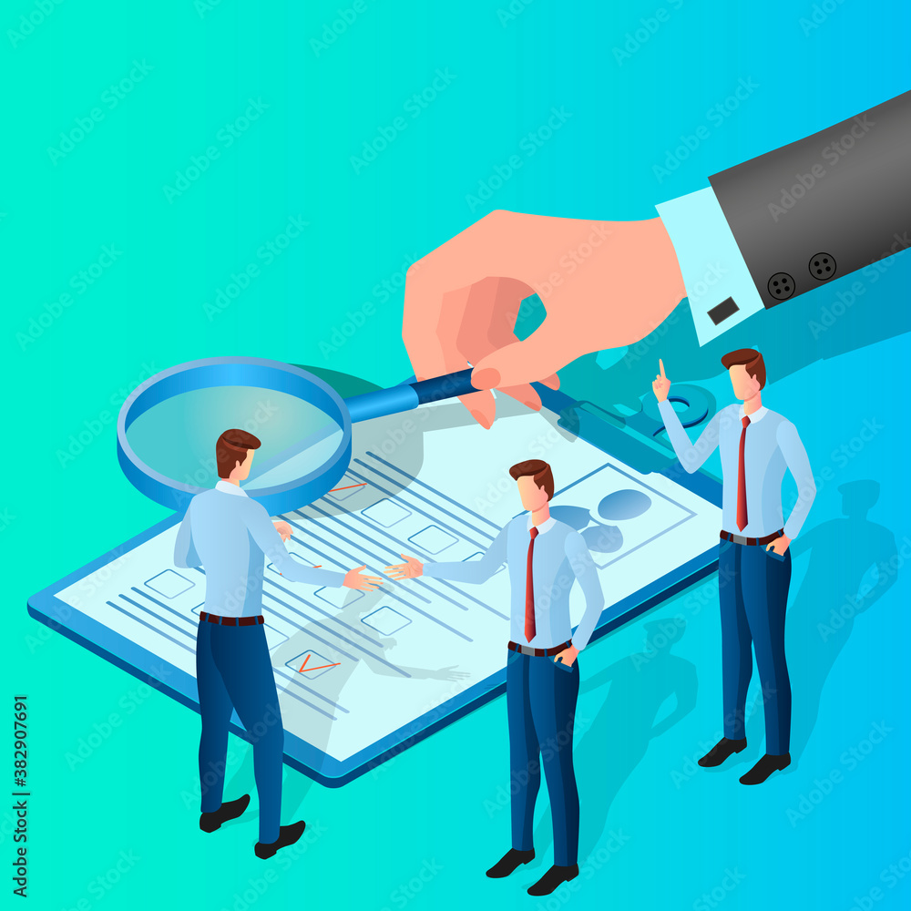 Personnel selection.People in the background of a questionnaire and a magnifying glass are engaged in hiring employees.The concept of selecting candidates for a new job.Isometric vector illustration.