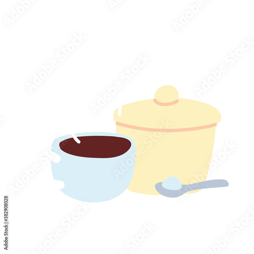 cup of hot coffee and a jar of sugar on white background