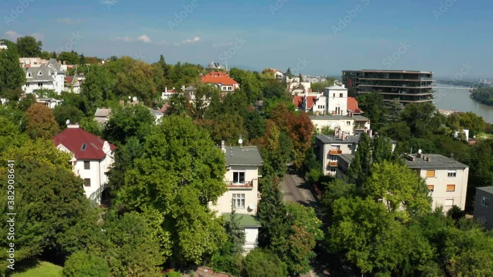 Houses with gardens in Budapest, summer aerial 4K view. Houses with gardens in Budapest, summer aerial 4K view.