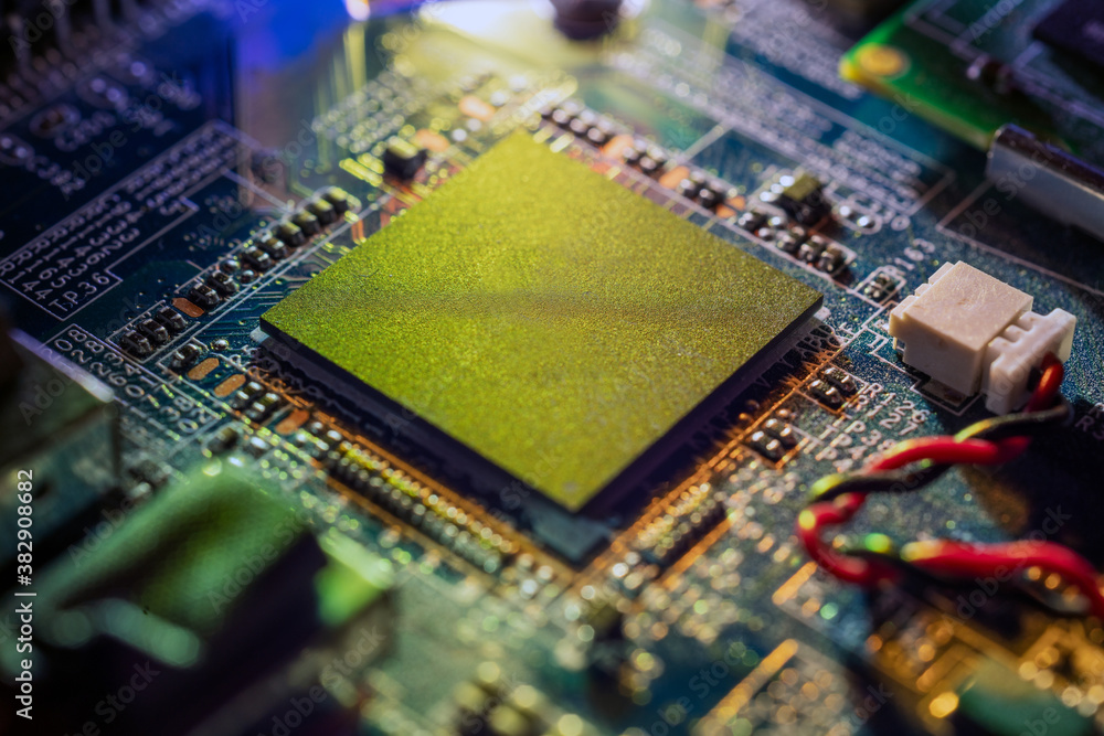 Obraz premium Cpu motherboard chip and processor card. Technology, 5g, ai, computer and futuristic concept.