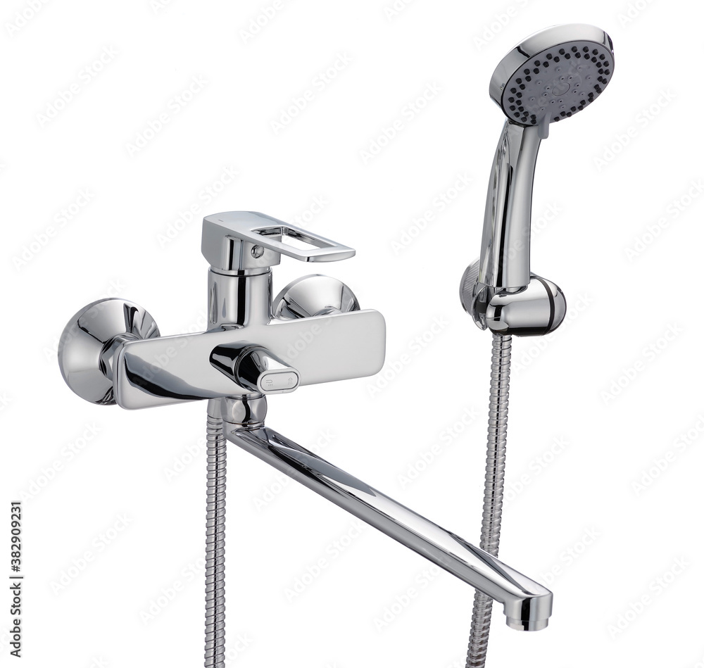 Water tap, single handle bath faucet with shower head. Isolated, white background Water tap, single handle bath faucet with shower head. Isolated, white background