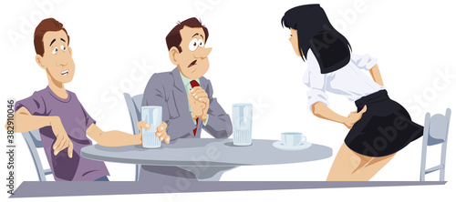 Friends quarrel in cafe. Illustration for internet.